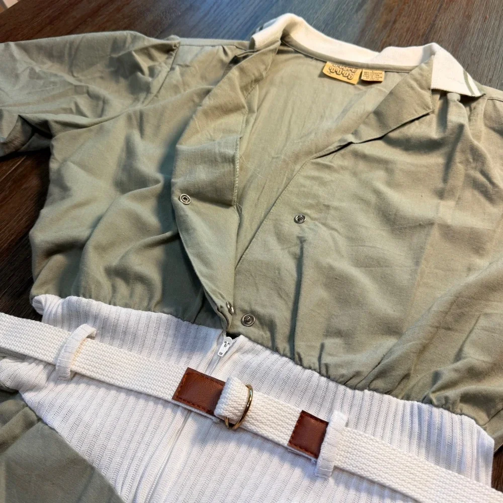 Vintage Dune Duds Sage Green Romper‎ Jumpsuit 80s Ribbed Waist Belted NWT Large